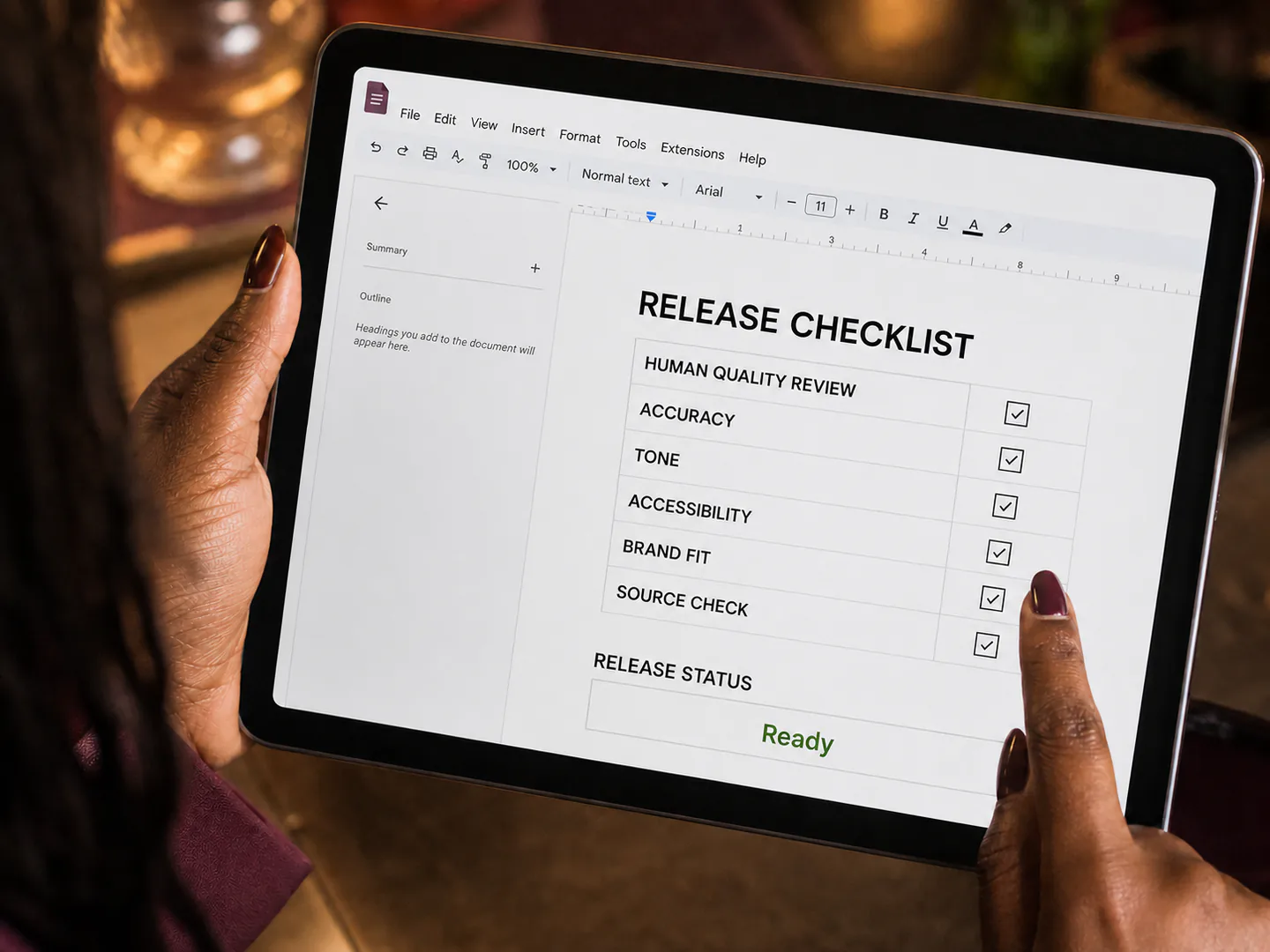 A human reviewer applies the agreed content release standard.