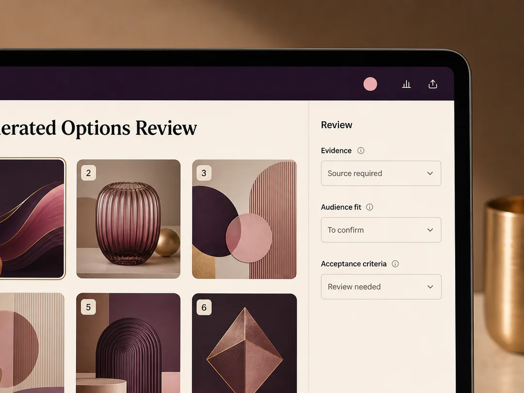 Generated options are evaluated against evidence, audience needs and acceptance criteria.