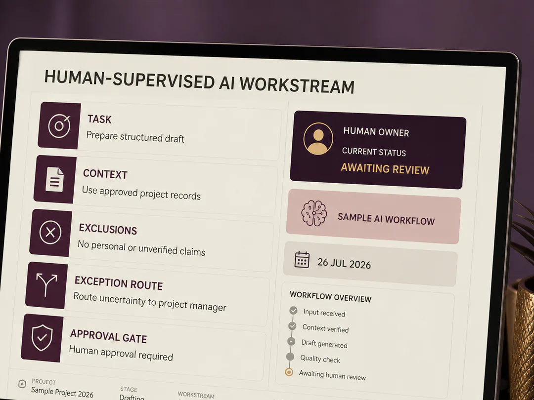 AI-assisted work operates inside defined boundaries and human review.