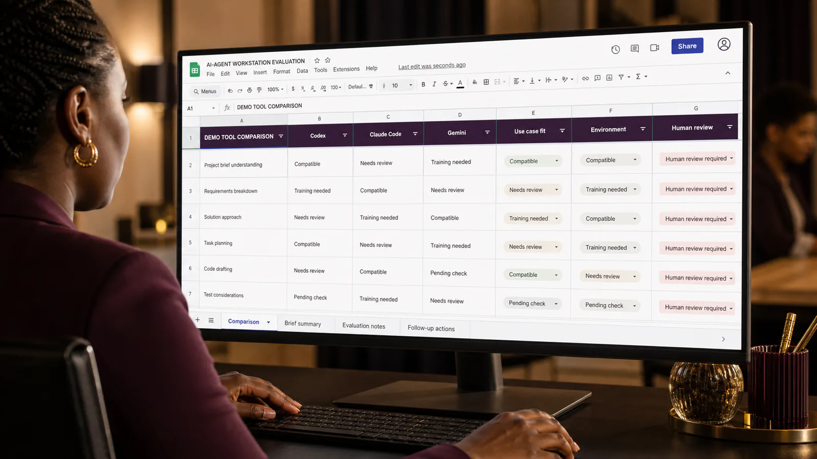 A project leader compares three agentic tool options against the same project requirements.
