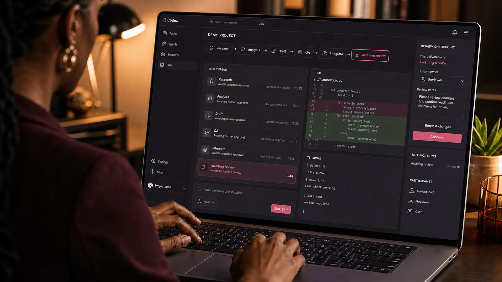 A project manager coordinates several AI-assisted workstreams into one reviewed result.