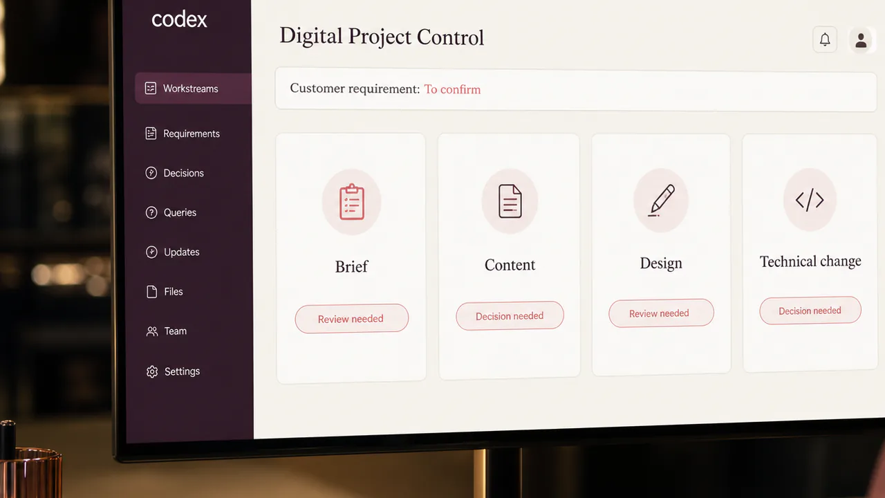 A digital project manager keeps one customer requirement above several isolated AI-assisted workstreams.