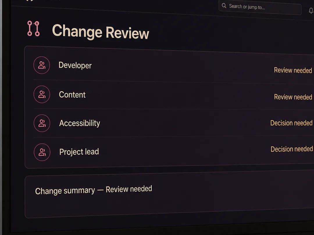 A cross-functional team reviews technical, content and accessibility evidence together.