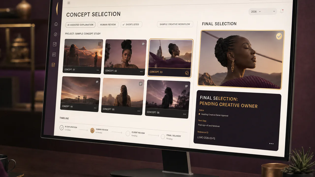 A multimedia content creative applies human judgement to select the final direction.