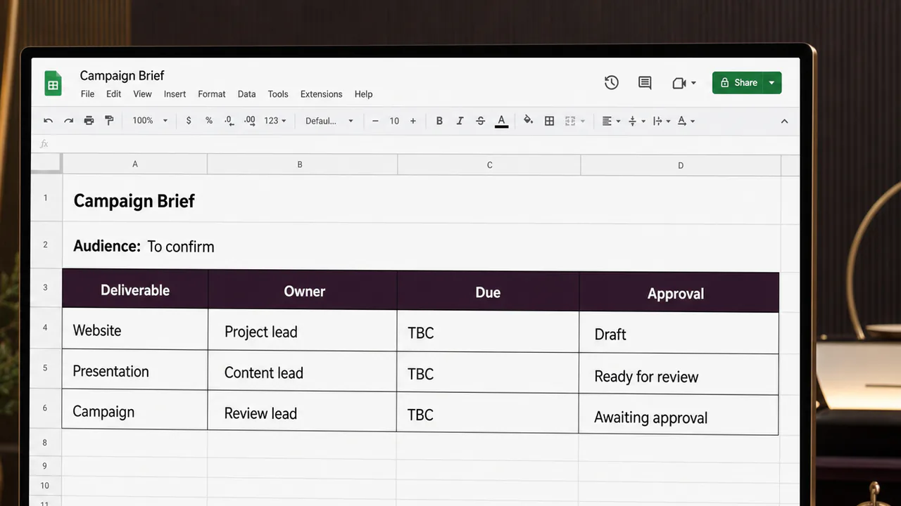 A creative briefing table shows the audience, deliverables, schedule and approval route.
