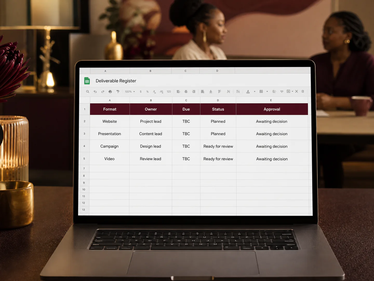 A deliverable register organises the required website, presentation, campaign and multimedia assets.