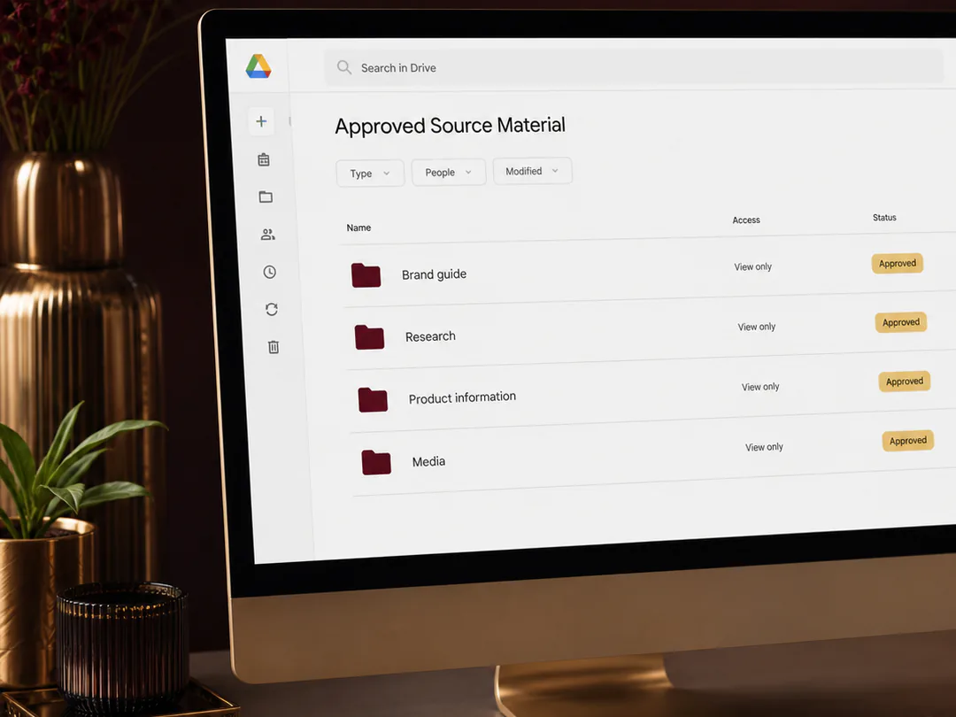 Approved source material and brand guidance are checked before content development.