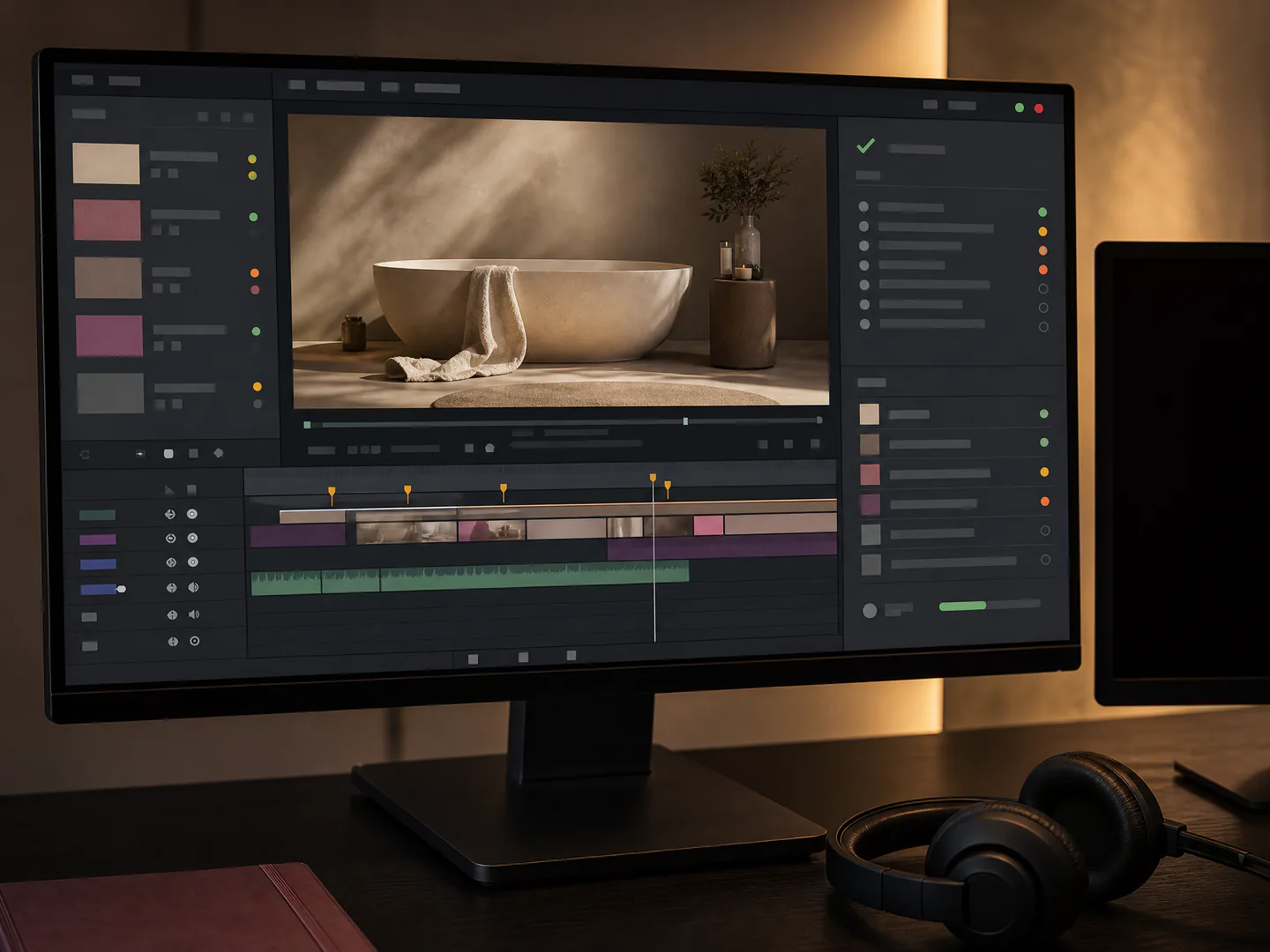 An illustrative edit timeline and version checklist are visible on a post-production monitor.