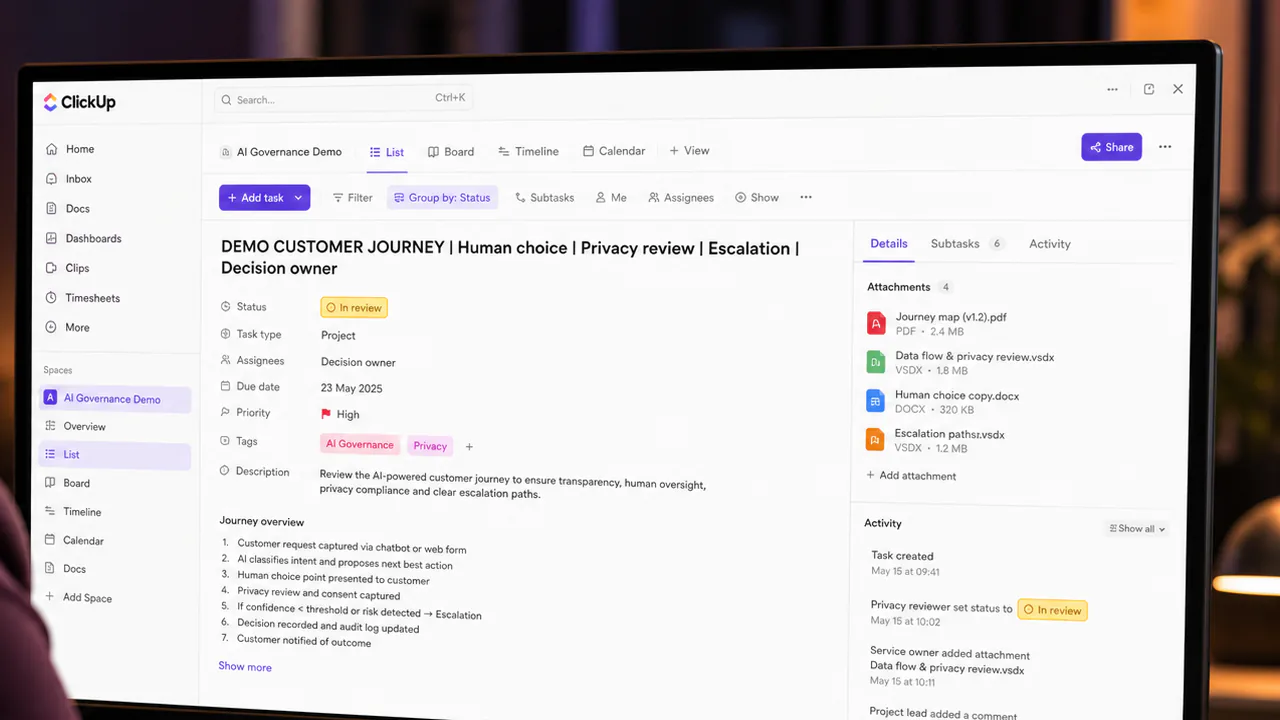 A project manager reviews an AI customer journey with human choice and escalation gates.