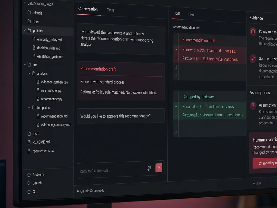 A human decision owner reviews and changes an AI-assisted recommendation.