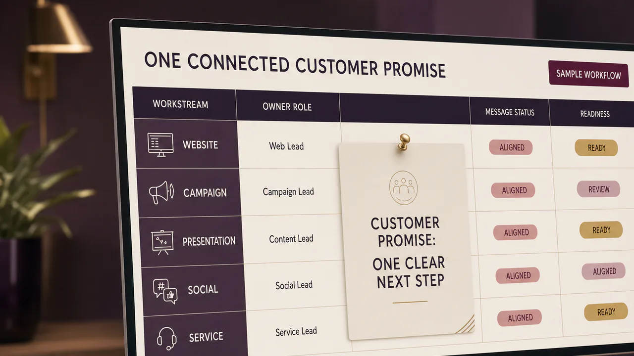 A project manager aligns several customer-facing channels around one promise.