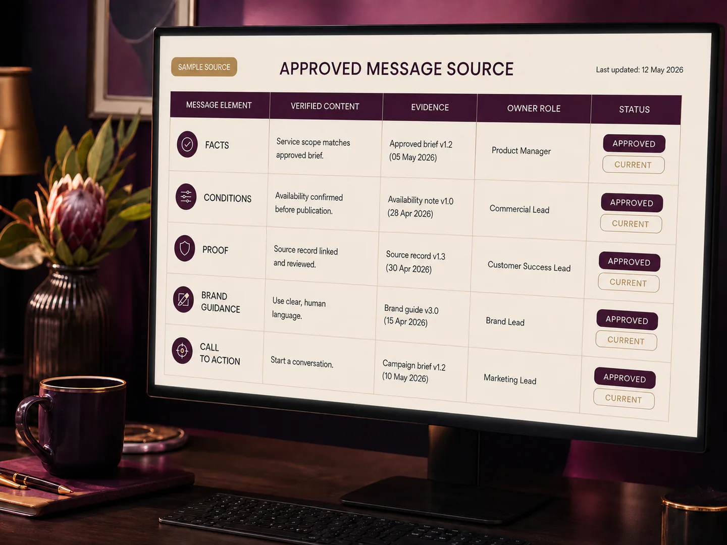 A shared source keeps facts and messages consistent across formats.