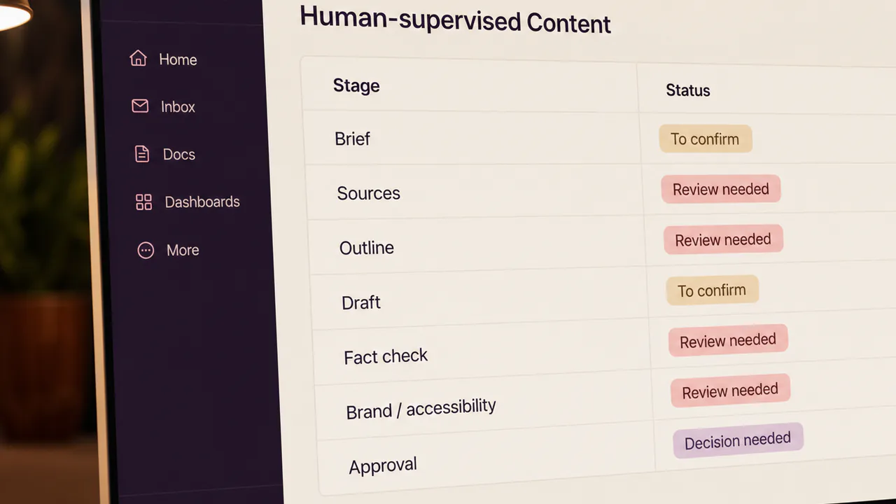 A content lead oversees seven human controls from brief to final approval.