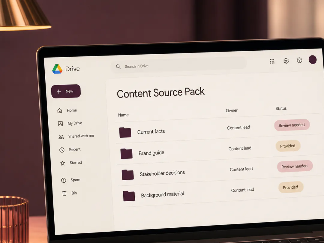A source pack separates approved facts and brand guidance from background material.