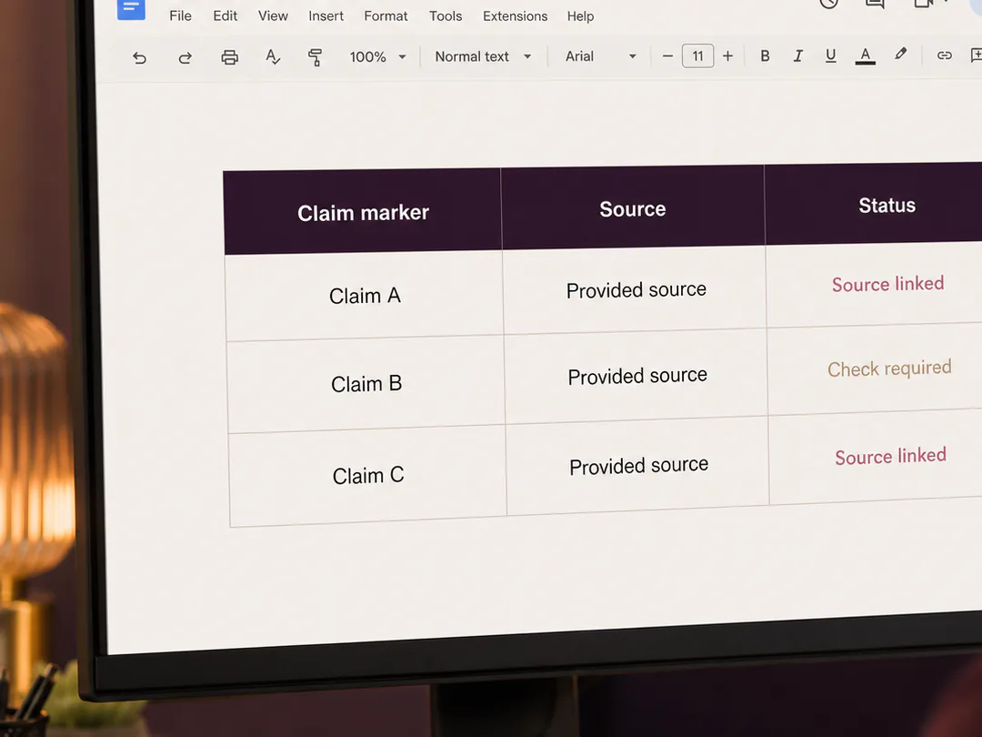 Material claims in generated copy are checked against authoritative sources.