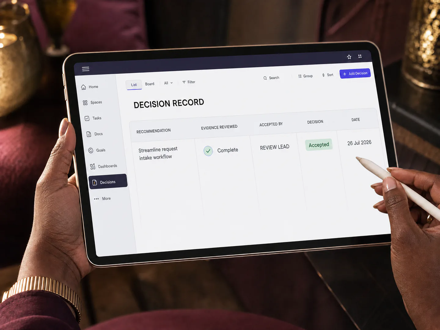 The project record distinguishes AI-assisted analysis from the human decision.