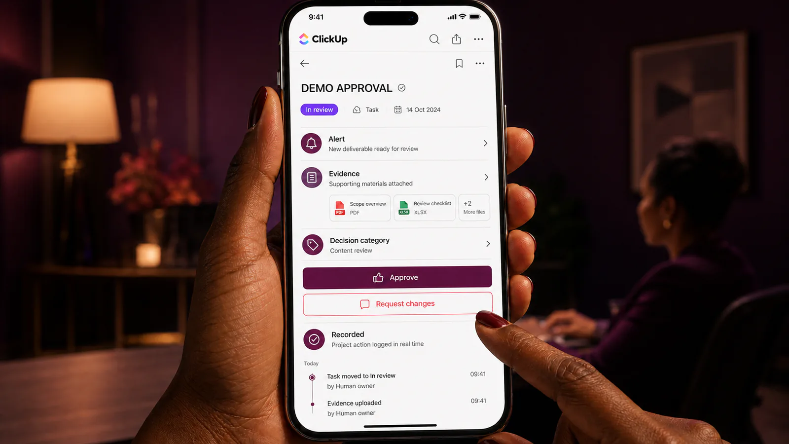 A mobile decision follows a controlled path from alert to project record.