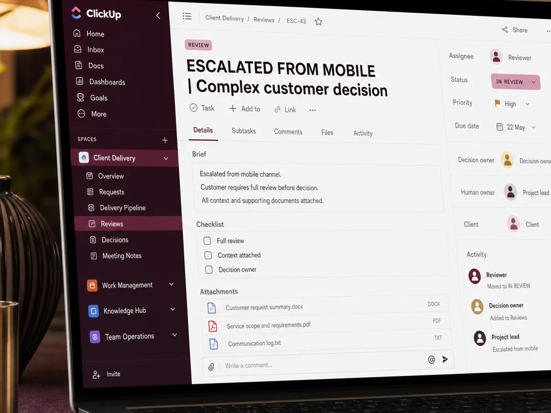 A complex decision moves from mobile notification to fuller review.