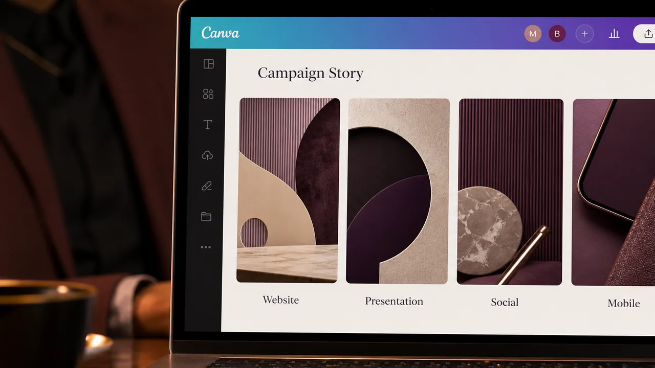 A creative team reviews how one story adapts across website, presentation and mobile formats.