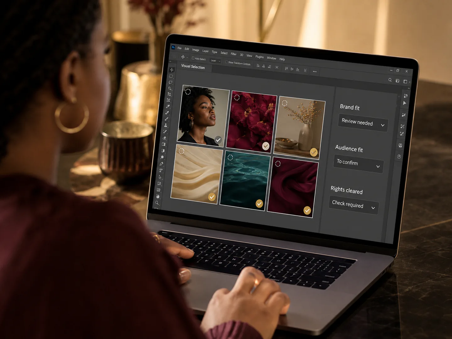 A creative professional selects from AI-assisted options using human judgement and brand criteria.
