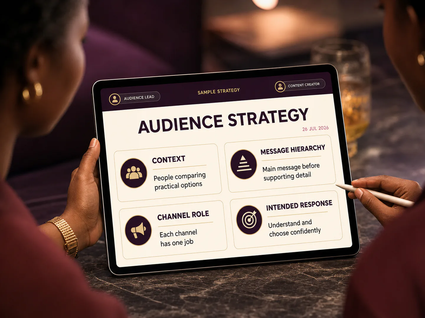 The content creator begins with the audience situation and communication objective.