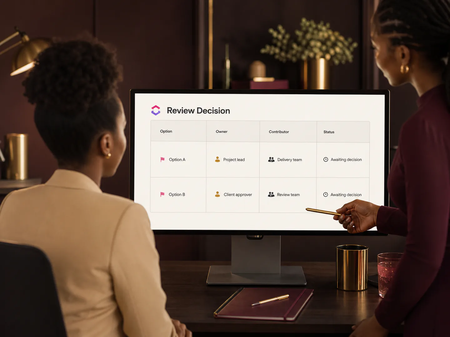A structured review meeting separates contributors, reviewers and the final decision owner.