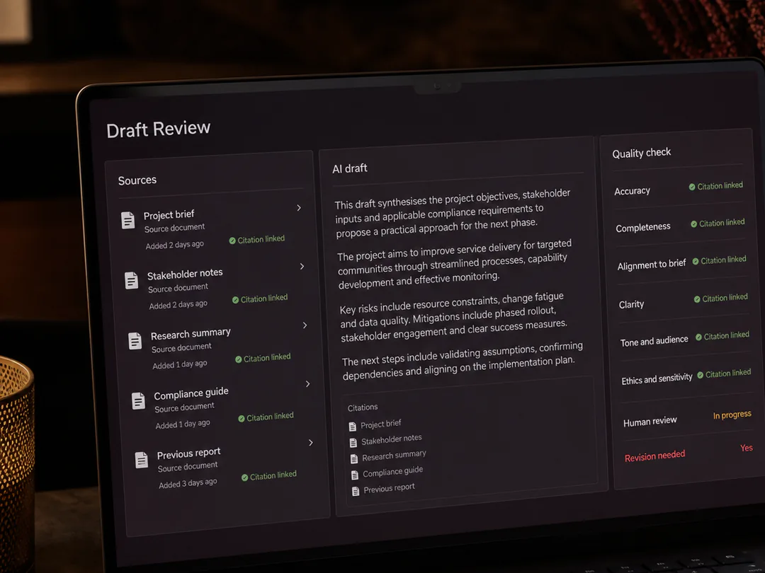 A project manager verifies an AI-assisted draft against sources and quality criteria.