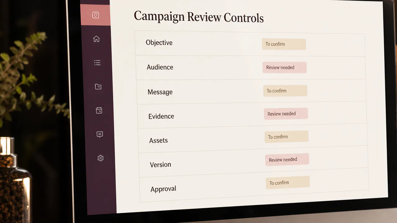A multimedia project manager prepares seven controls before formal campaign review.