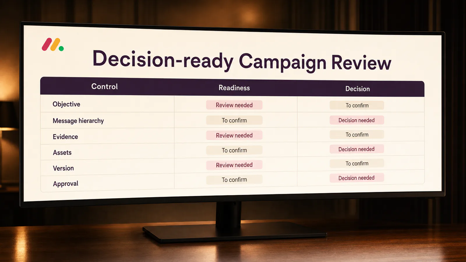A campaign review room presents context and evidence for a clear decision.