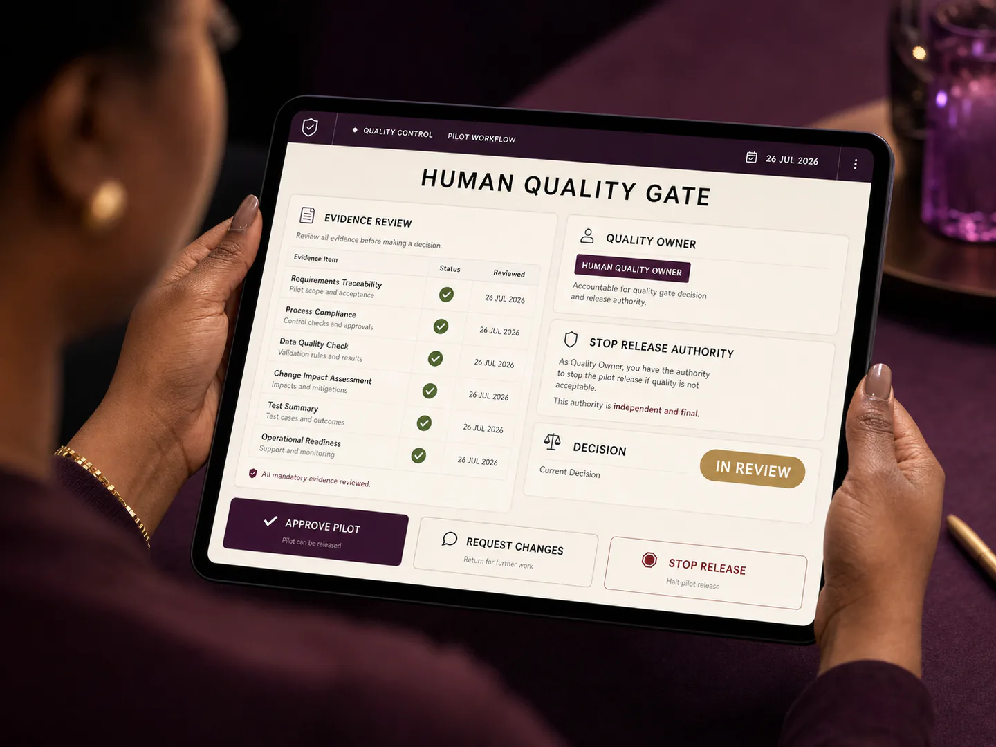 A human reviewer retains real authority over the customer-facing result.