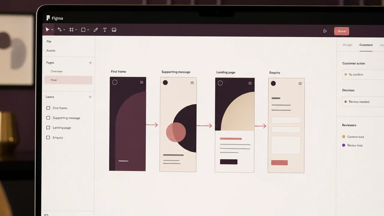 A content journey connects the first frame to supporting information and the customer action.