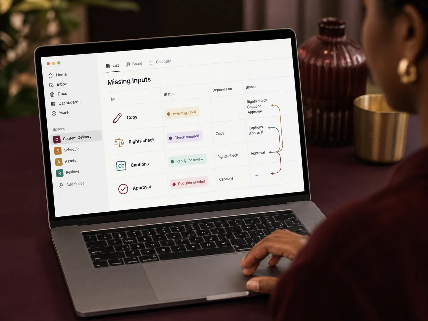 A dependency board makes missing content, rights, captions and approvals visible.