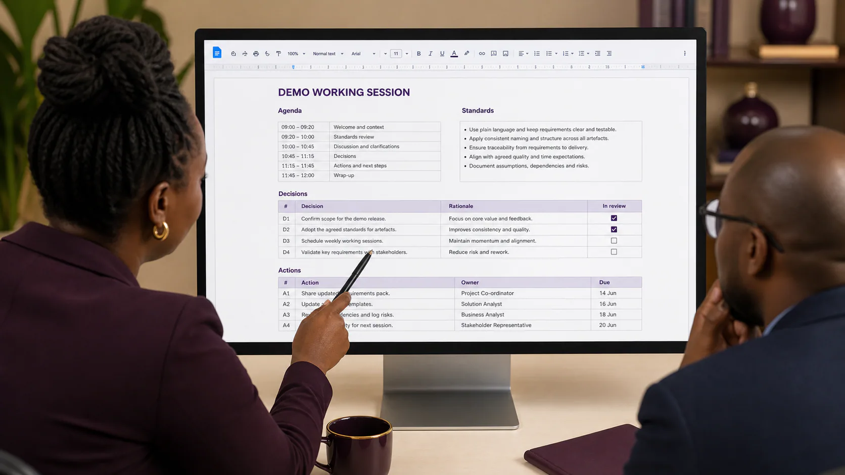 Two professionals review a working-session agenda, standards decisions and owned follow-up actions.