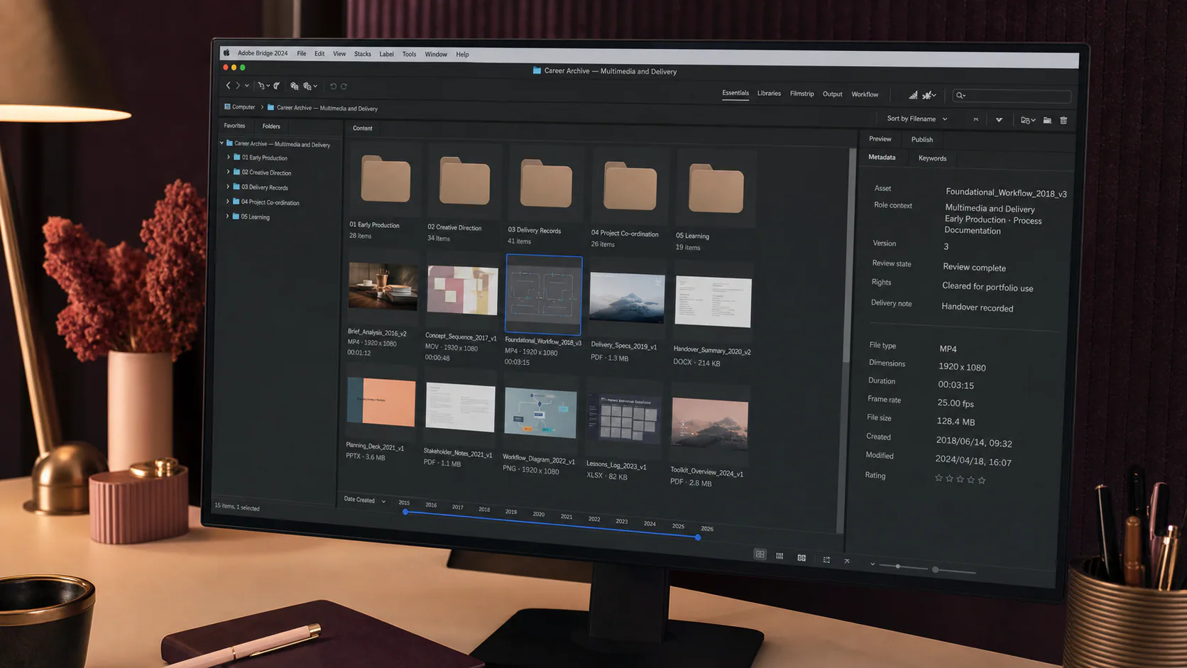 Organised production assets, notes, versions and delivery controls reflect a multimedia career.