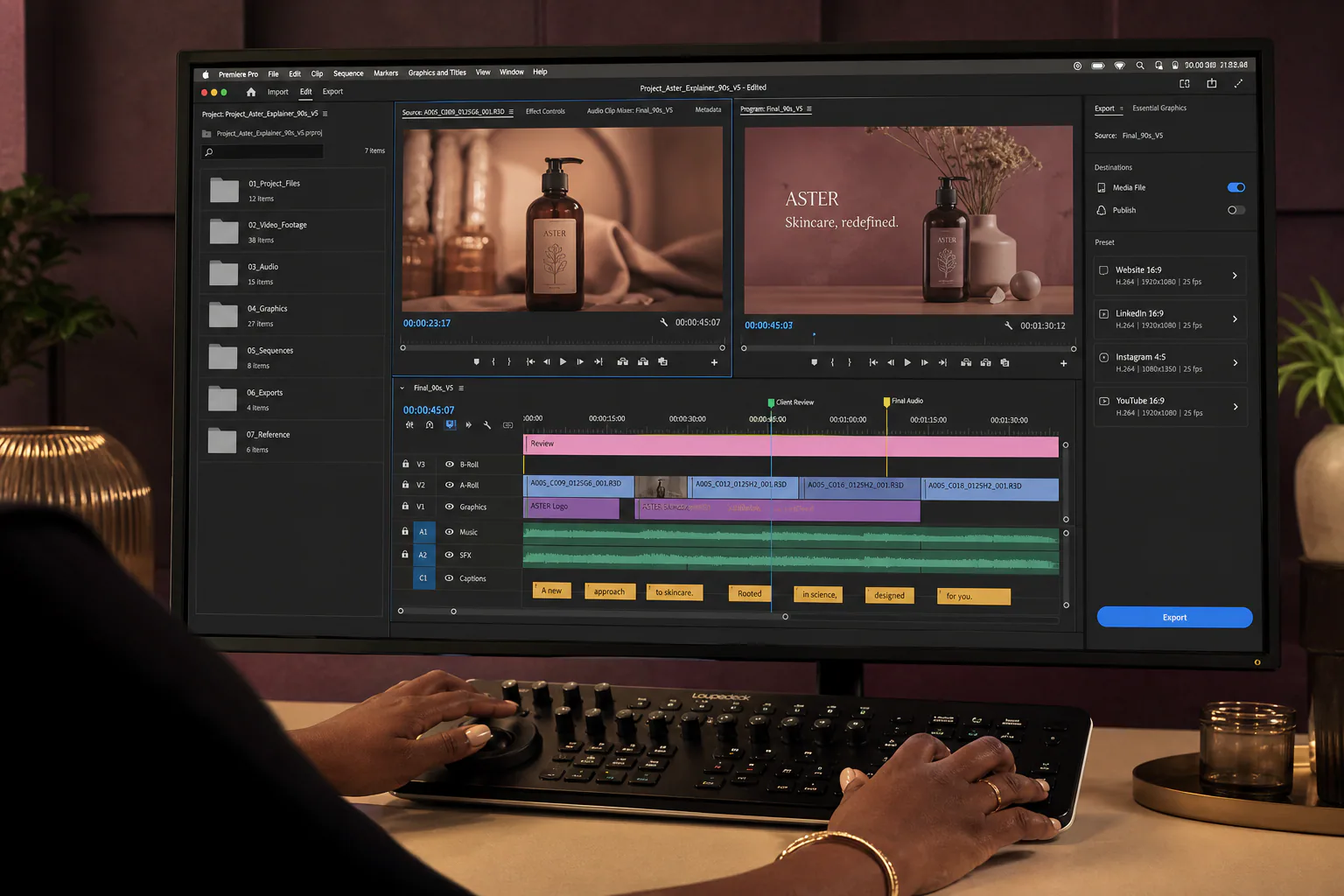An organised multimedia timeline shows captions, versions and channel-ready exports.