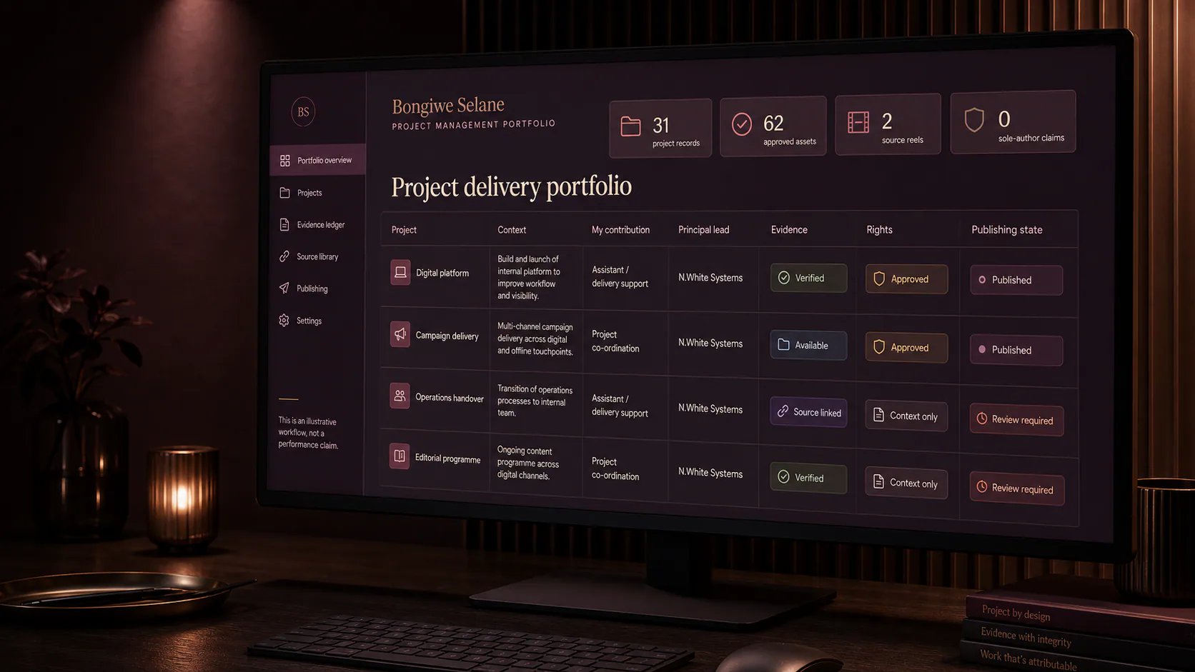 A project-delivery board shows workstreams, owners, review dates and readiness.