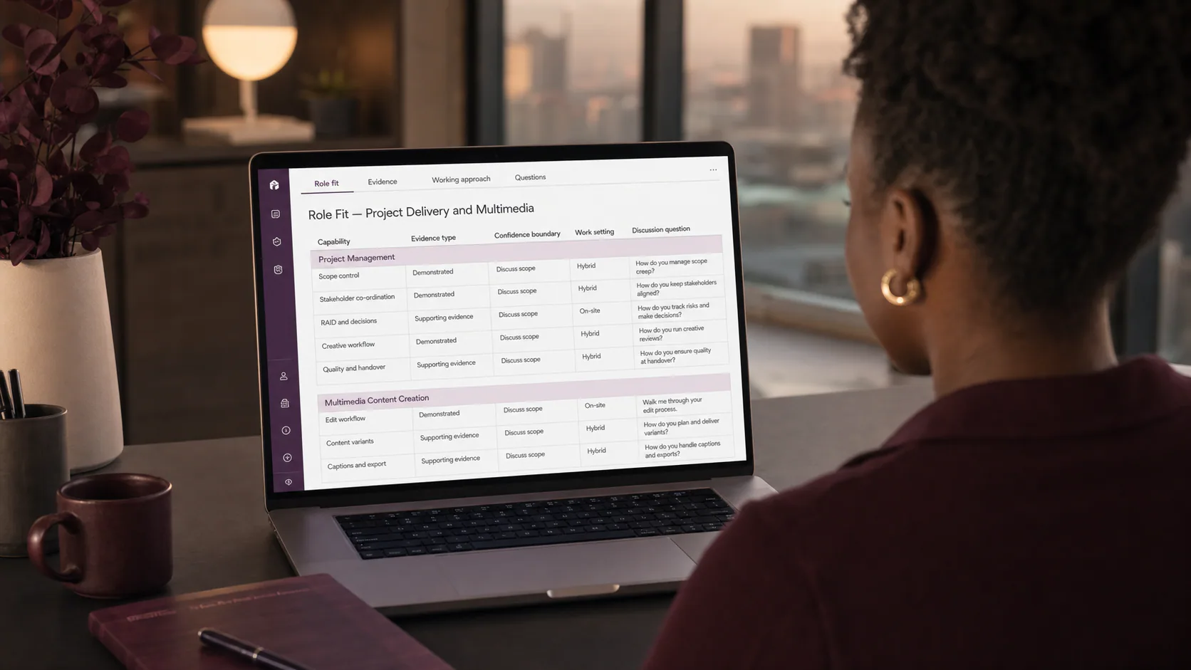 A role-fit matrix places project delivery capabilities first and multimedia depth second.
