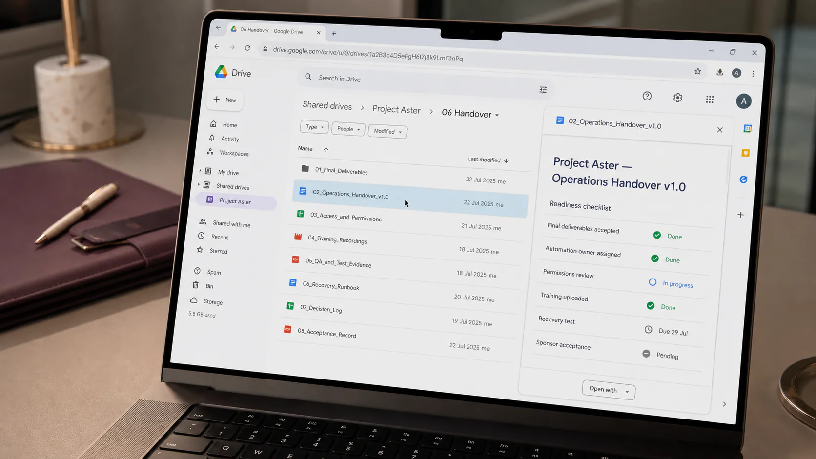 An organised handover pack shows versioned files, quality checks, ownership and acceptance status.