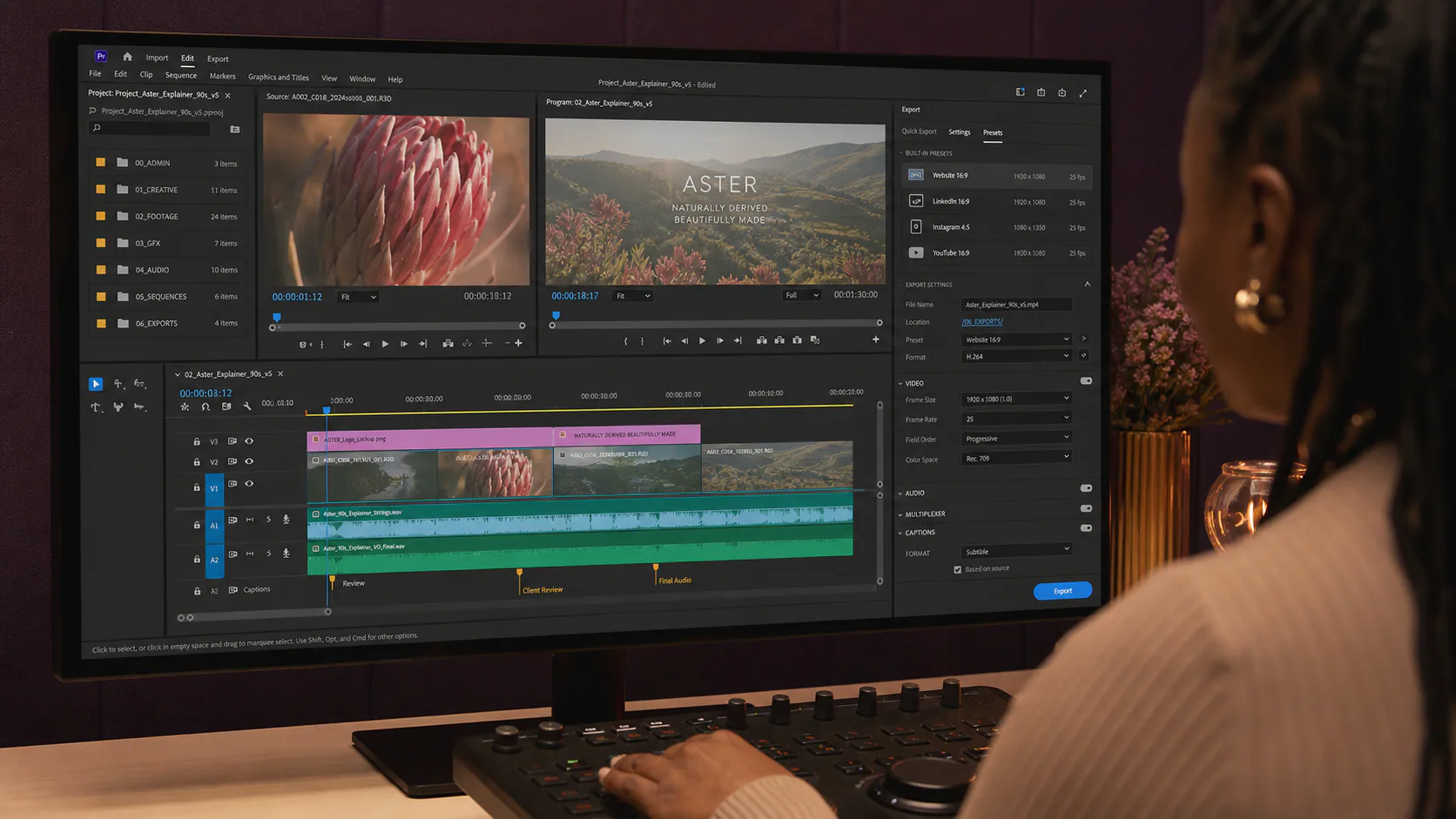 A multimedia edit suite shows an organised timeline, caption review and channel-specific exports.