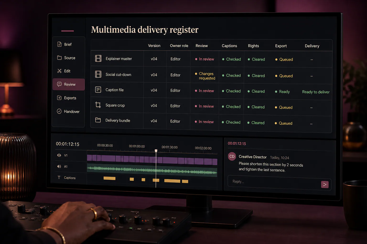 An asset register connects multimedia versions, review status and the final delivery bundle.
