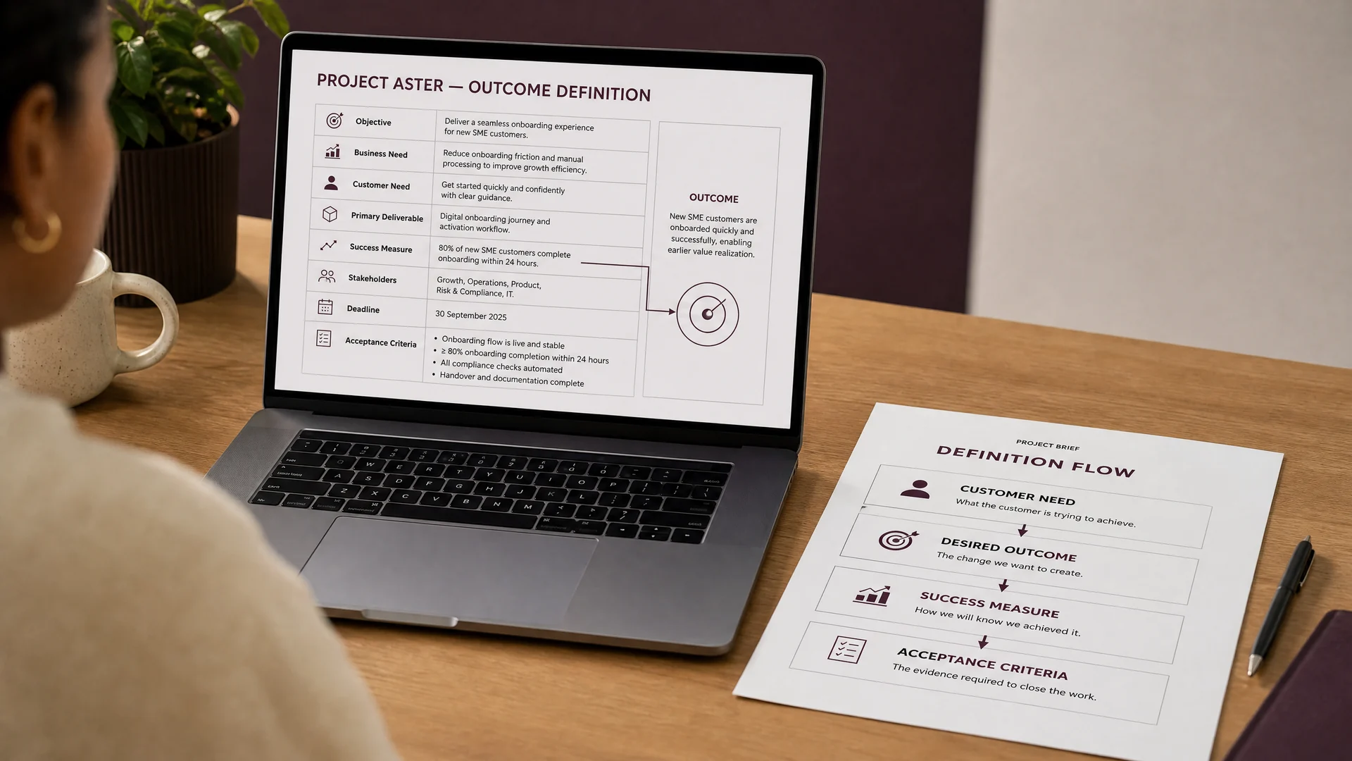 Project brief showing customer need, desired outcome and success measures.