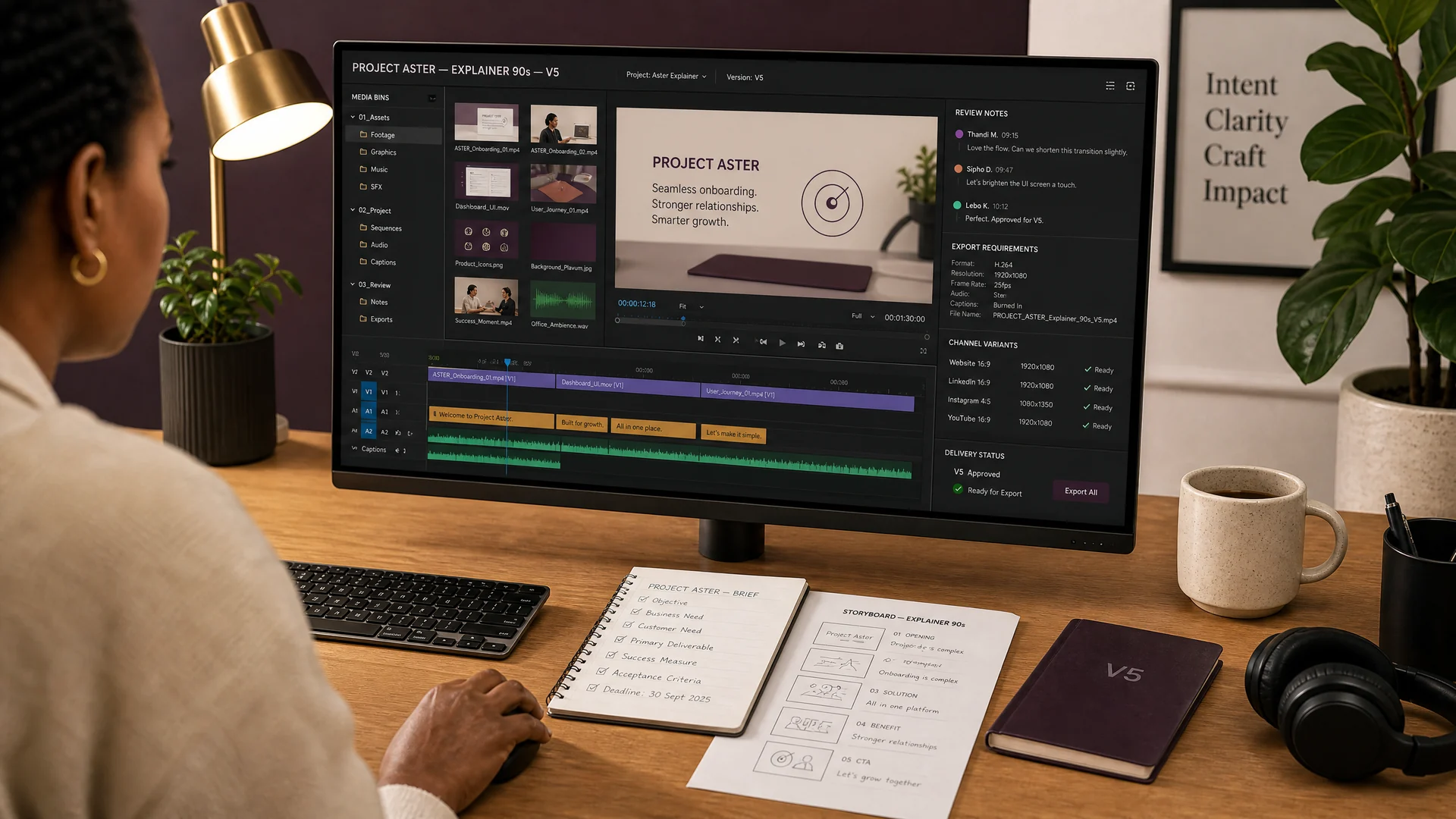 Multimedia editing timeline showing captions, versions and channel exports.